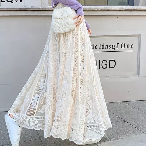 Lace skirt cream beige womens summer spring long skirt floral - Picture 8 of 13